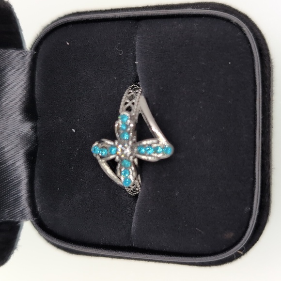 Elegant Silver & Blue Gemstone Cross Ring "With God All Things Are Possible" 8 - Picture 1 of 11